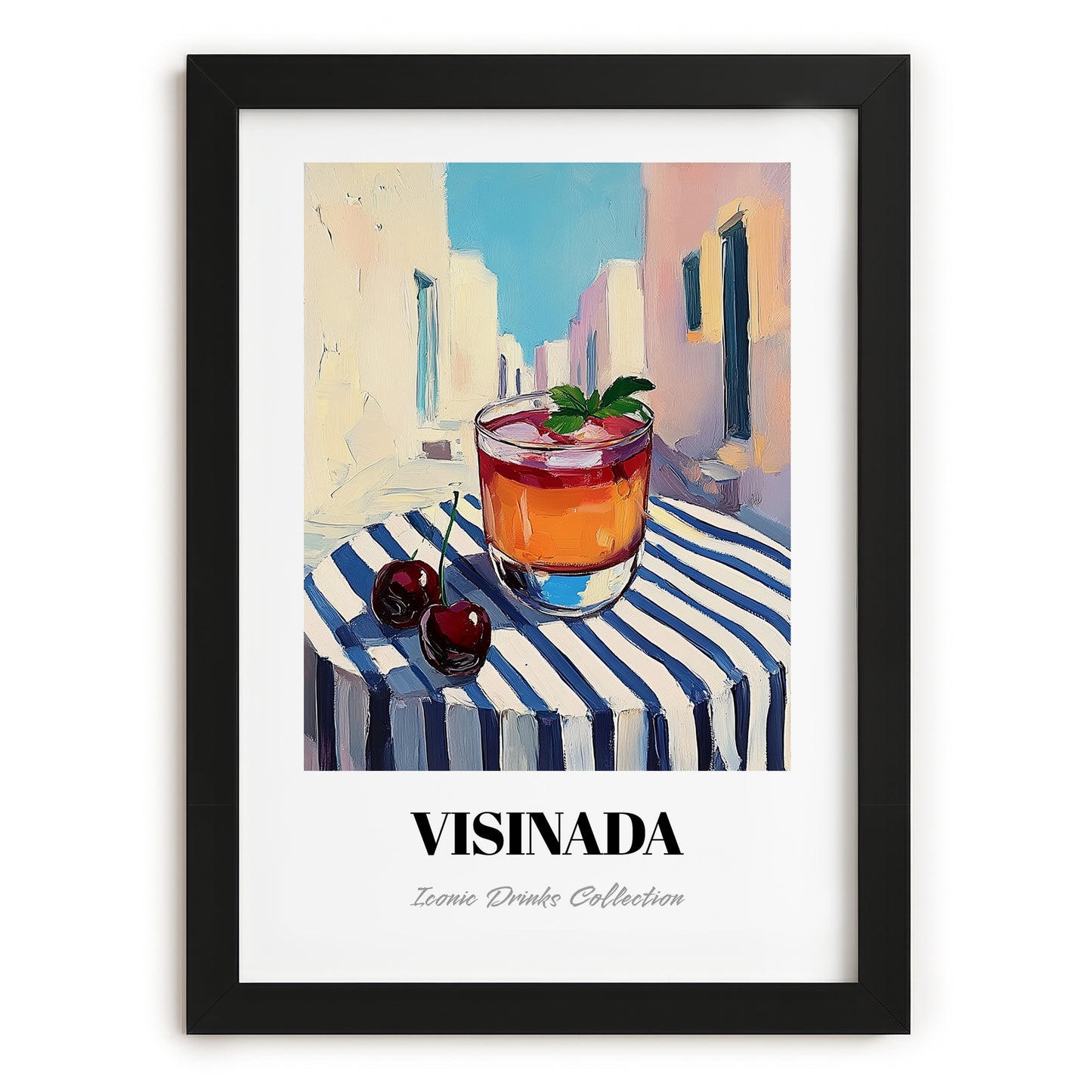 Visinada – Greek Urban Café Scene, Greek Beverage Wall Decor, in sleek black frame