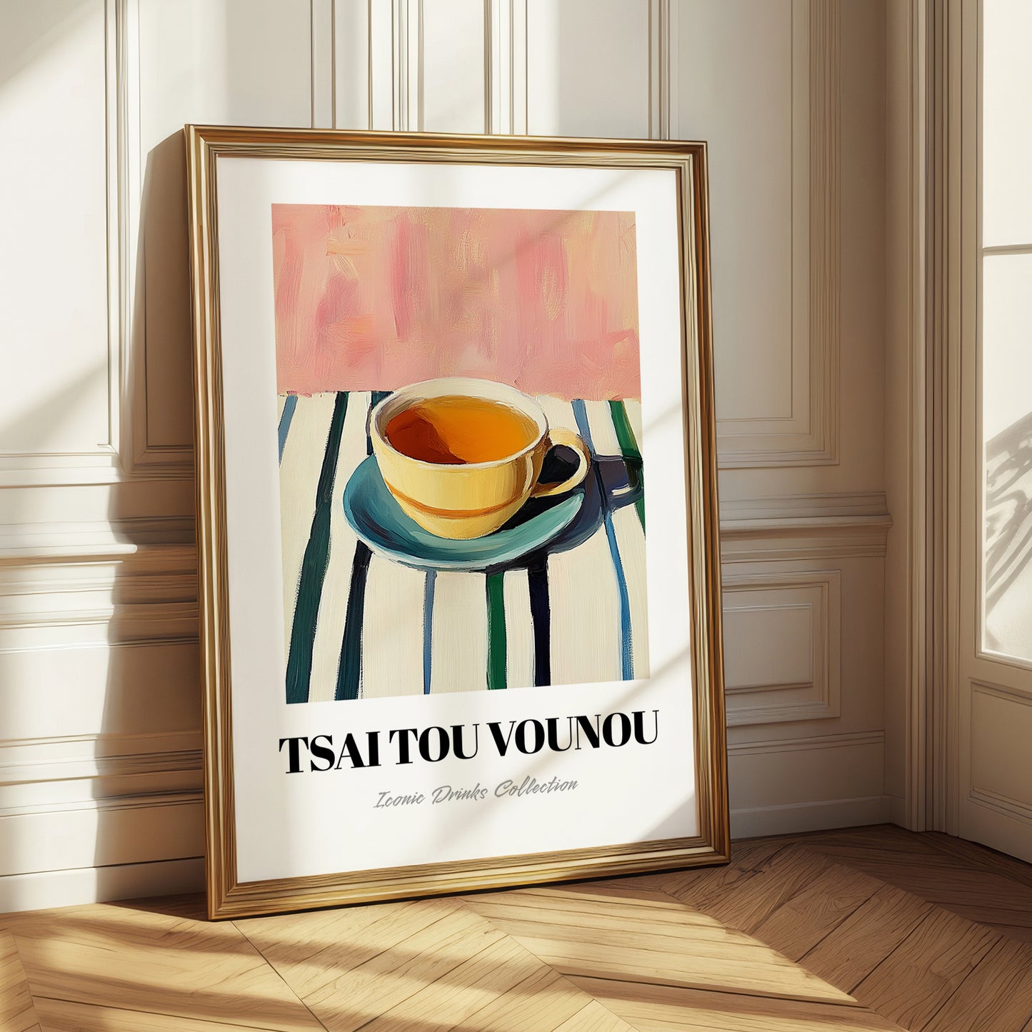 Tsai Tou Vounou Beverage – on Striped Tablecloth, Greek Beverage Still Life