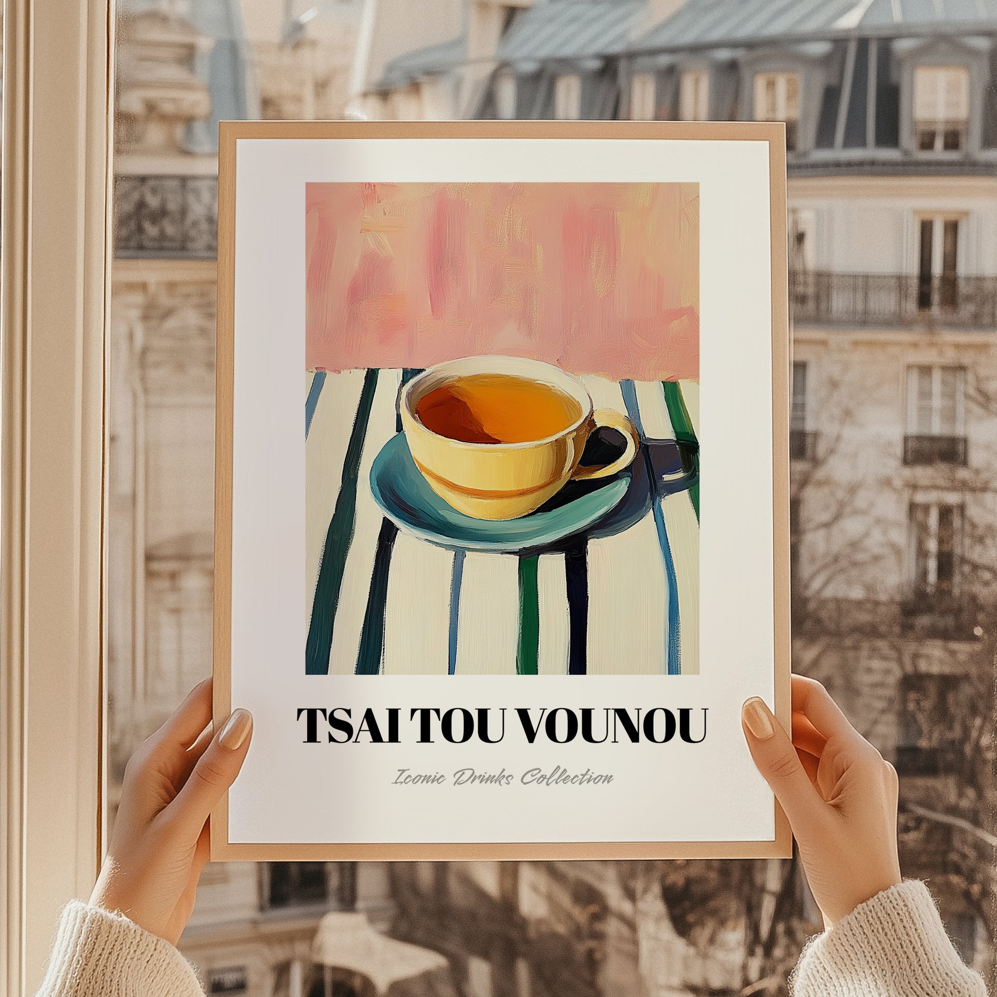 Tsai Tou Vounou Beverage – on Striped Tablecloth, Greek Beverage Still Life, styled in a charming Paris street view