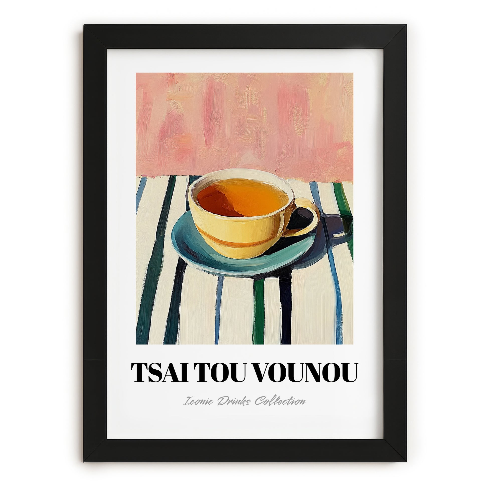 Tsai Tou Vounou Beverage – on Striped Tablecloth, Greek Beverage Still Life, in sleek black frame