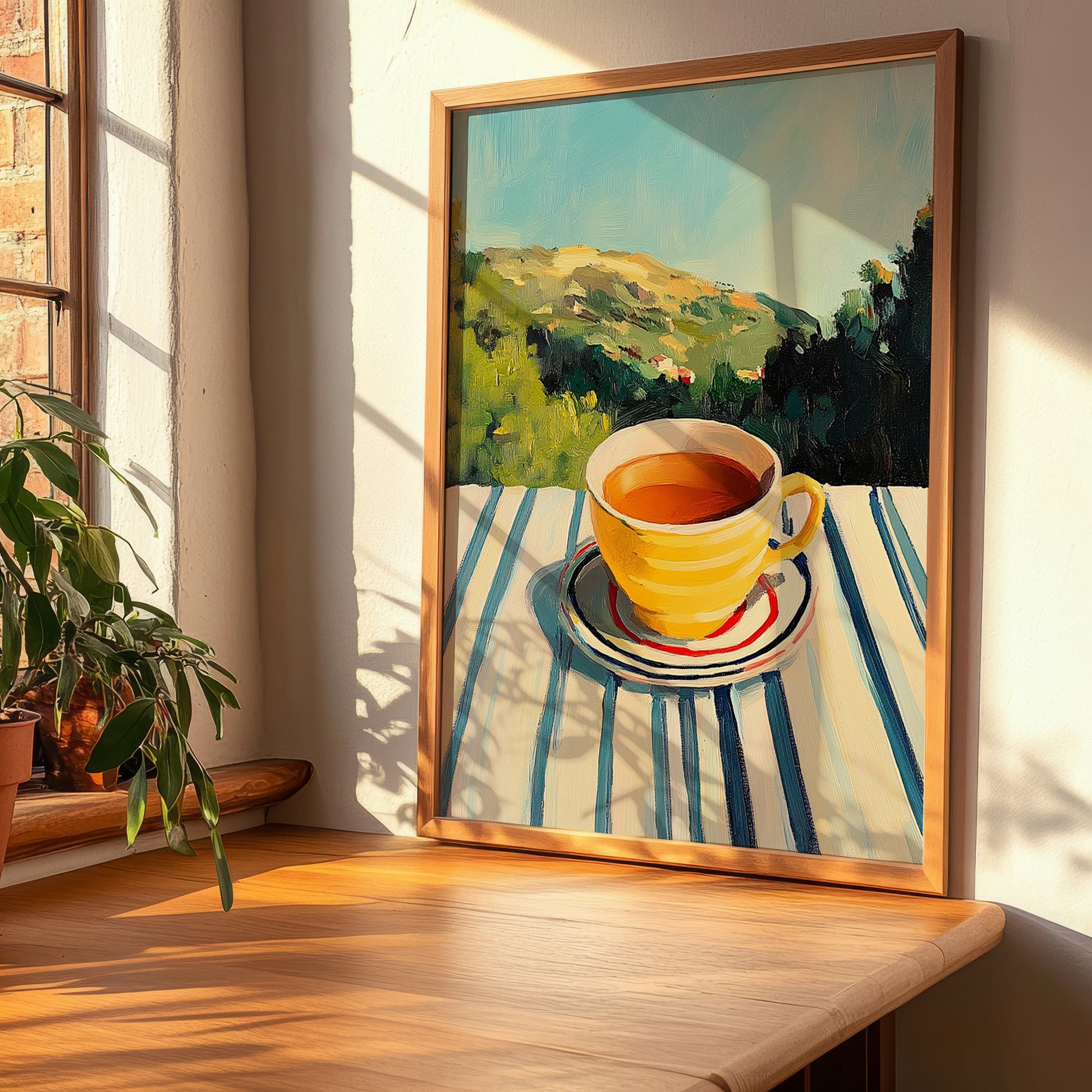 Tsai Tou Vounou Beverage – Greek Hilltop Café Scene, Greek Coffee Poster, clean layout with no caption