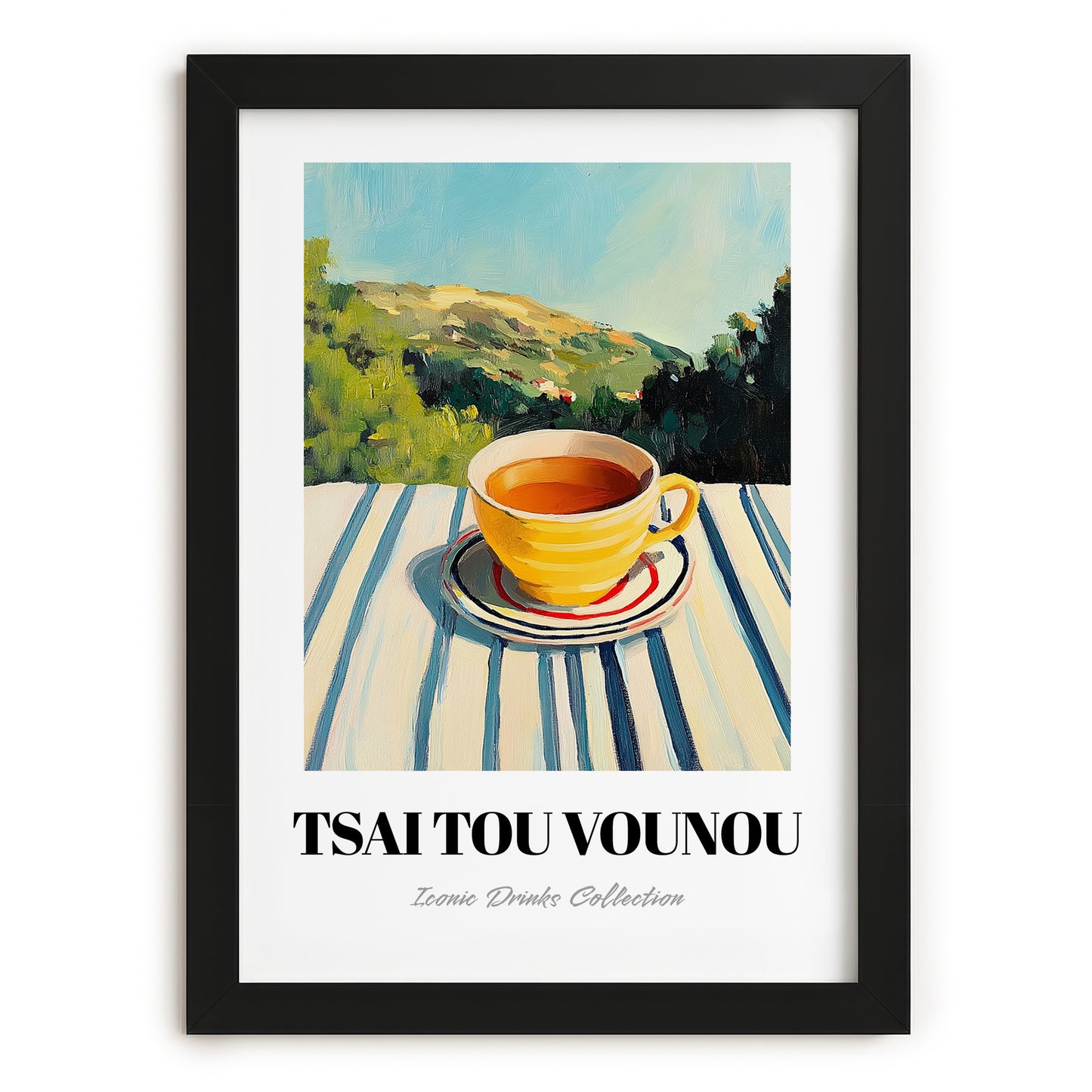 Tsai Tou Vounou Beverage – Greek Hilltop Café Scene, Greek Coffee Poster, in sleek black frame
