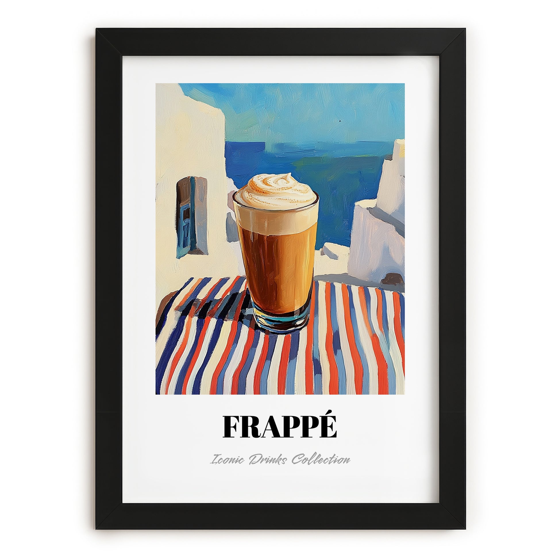 Frappé – Greek Coastal Table, Greek Coffee Illustration, in sleek black frame