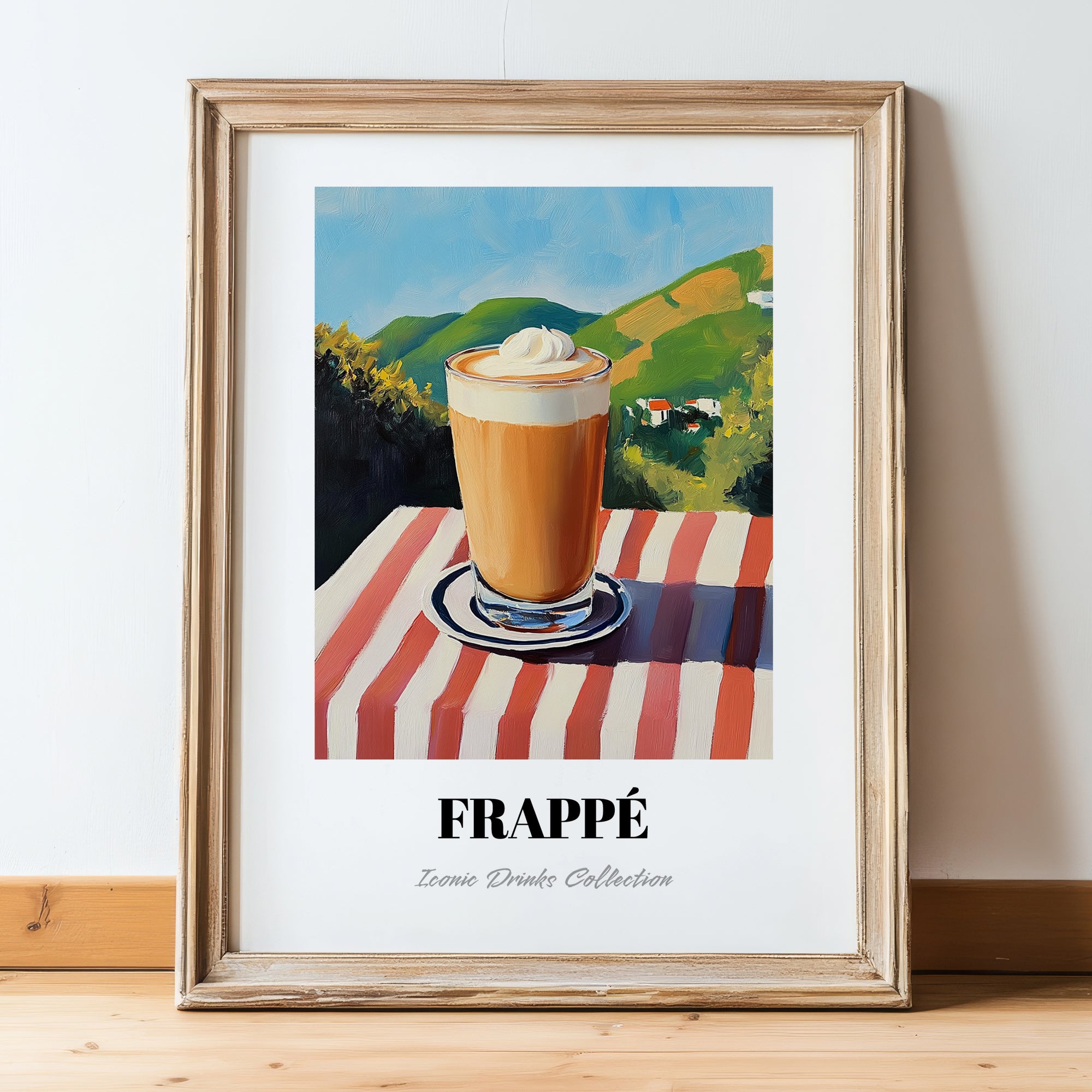 Frappé – Greek Hillside Café View, Greek Coffee Painting, in wooden frame leaning on the floor