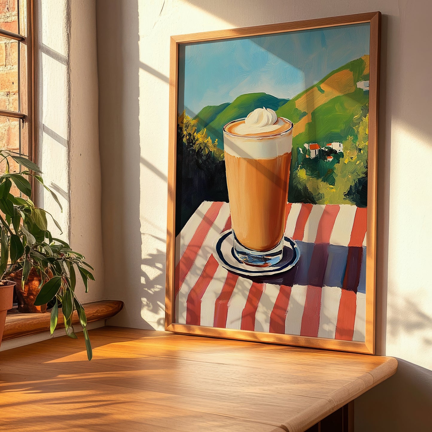 Frappé – Greek Hillside Café View, Greek Coffee Painting, clean layout with no caption
