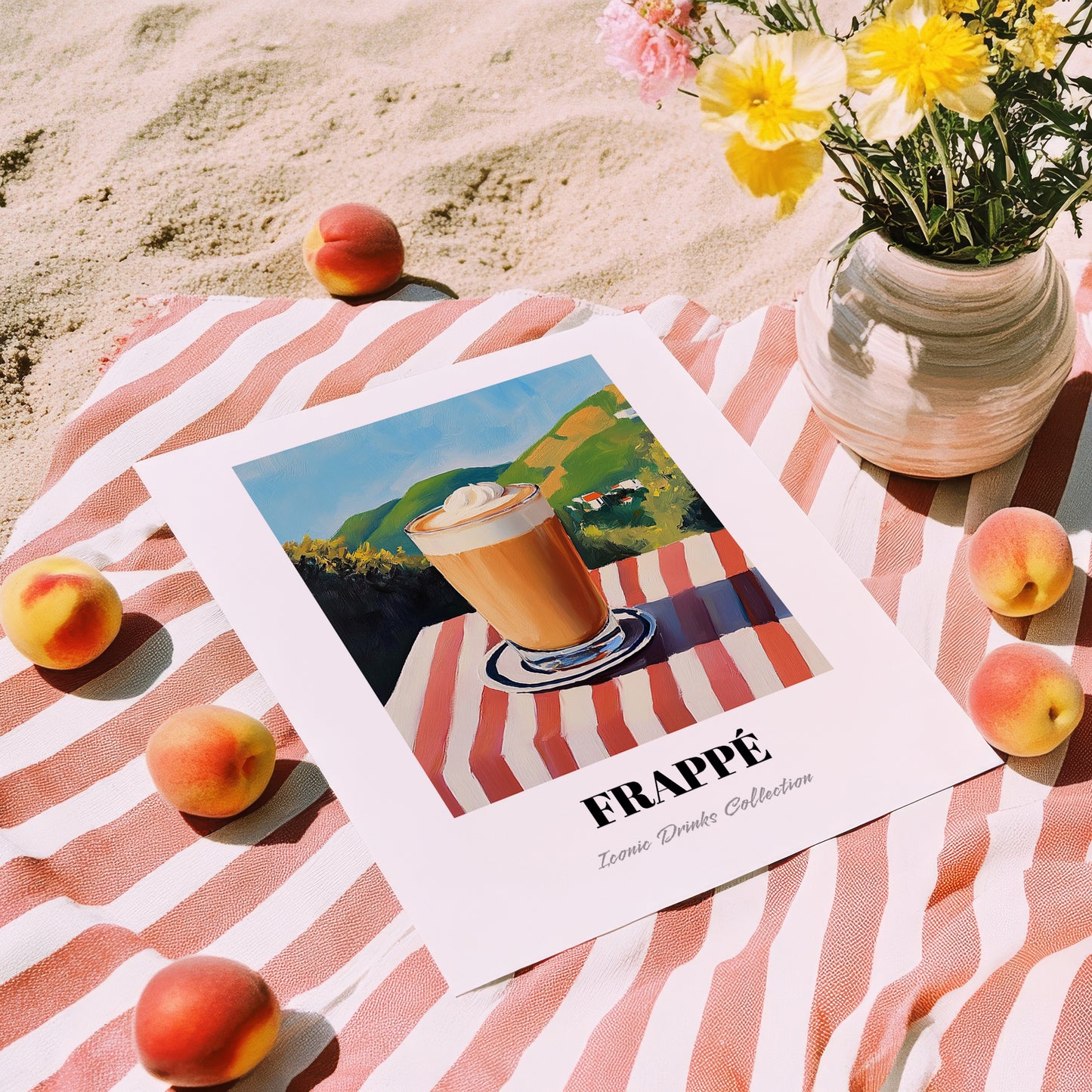 Frappé – Greek Hillside Café View, Greek Coffee Painting, unframed on coastal sand