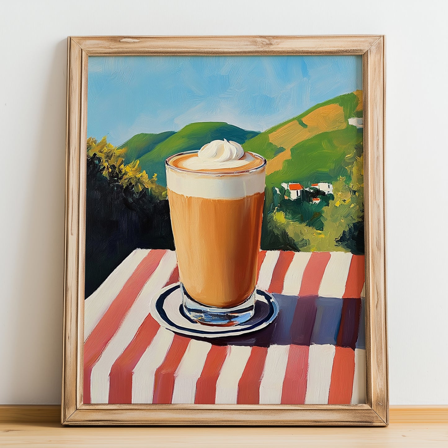 Frappé – Greek Hillside Café View, Greek Coffee Painting, no-text version framed in wood
