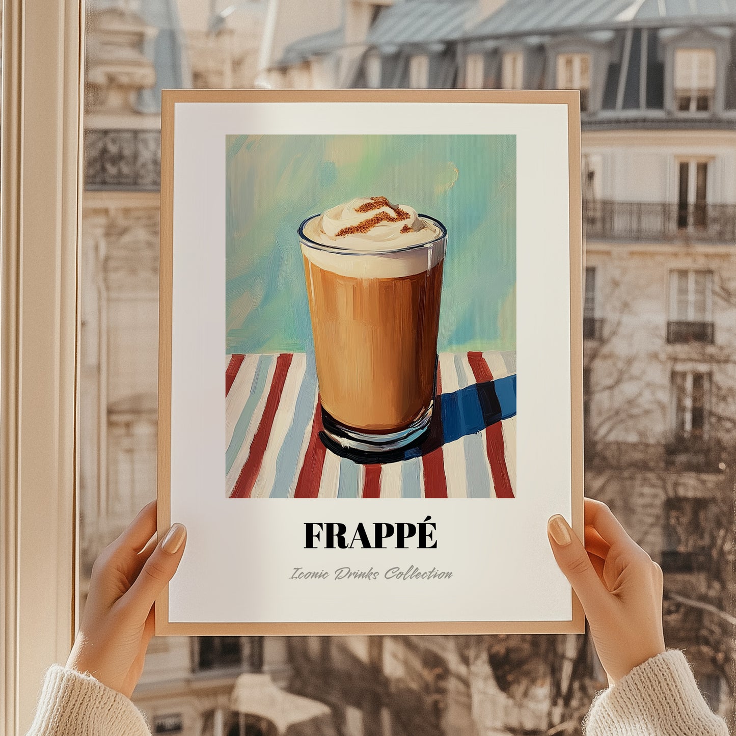 Frappé – on Striped Tablecloth, Greek Coffee Poster, styled in a charming Paris street view