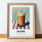 Frappé – on Striped Tablecloth, Greek Coffee Poster, in wooden frame leaning on the floor