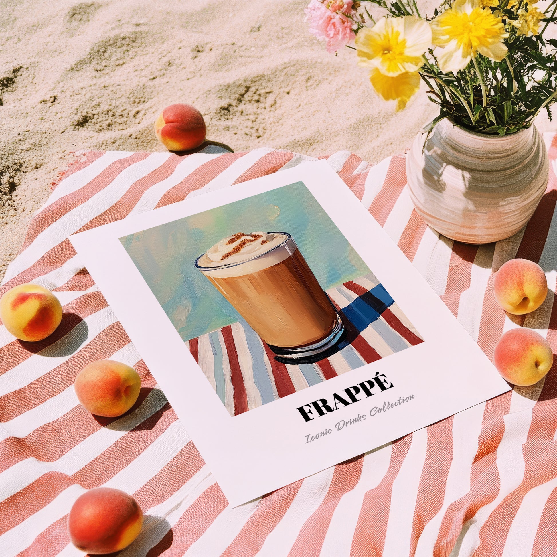 Frappé – on Striped Tablecloth, Greek Coffee Poster, unframed on coastal sand