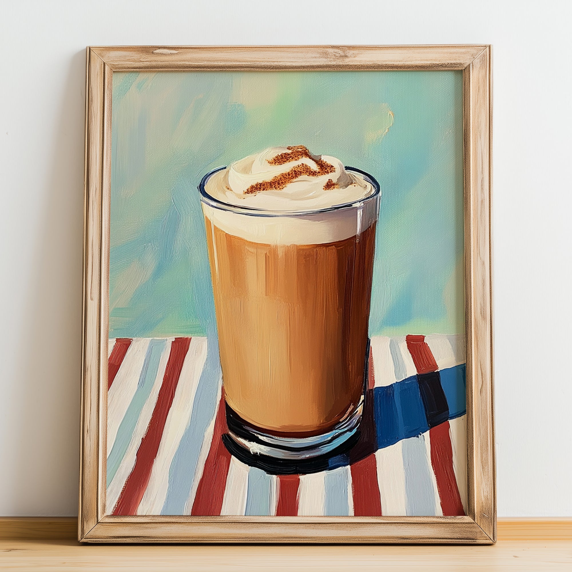 Frappé – on Striped Tablecloth, Greek Coffee Poster, no-text version framed in wood
