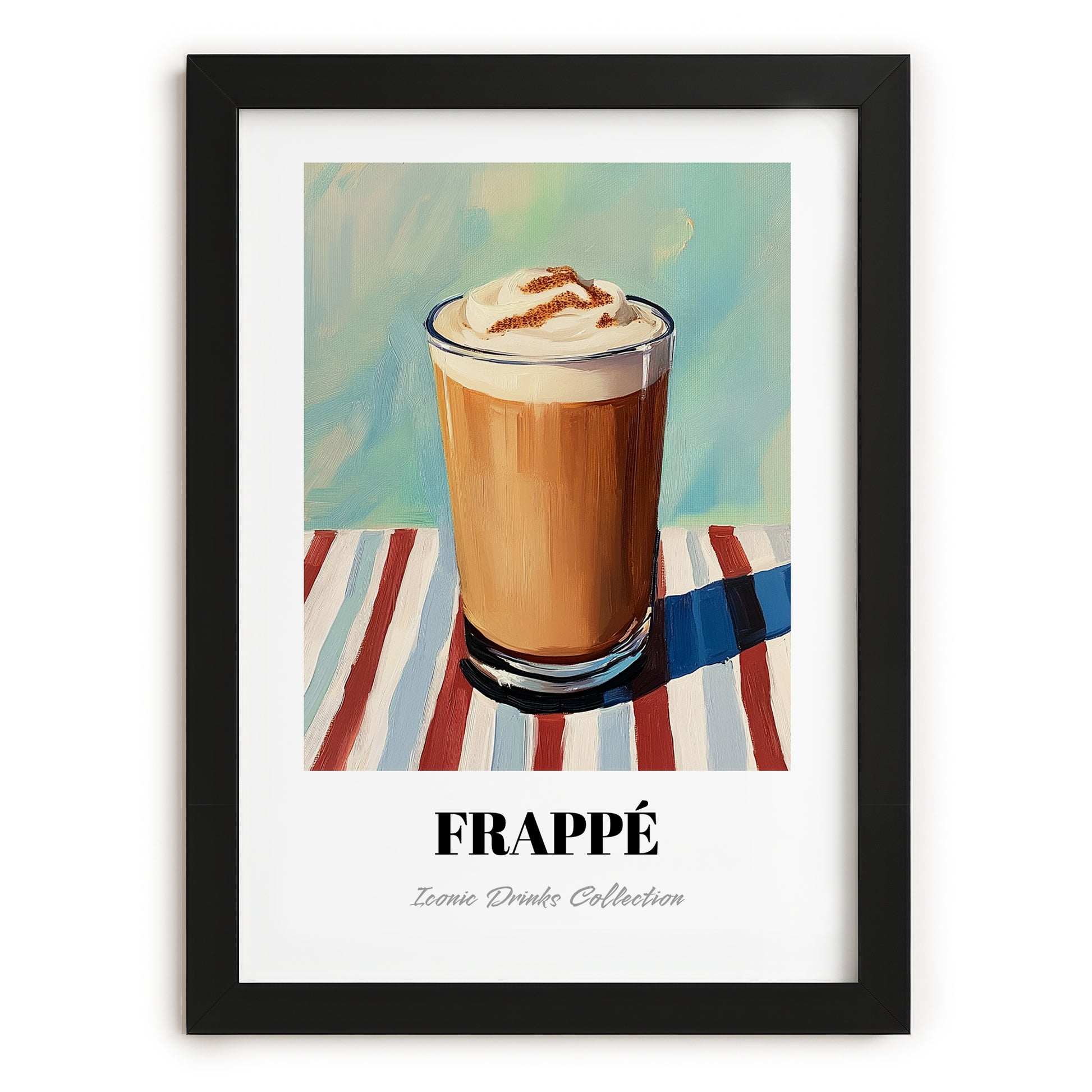 Frappé – on Striped Tablecloth, Greek Coffee Poster, in sleek black frame