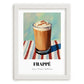 Frappé – on Striped Tablecloth, Greek Coffee Poster, placed in minimal white frame