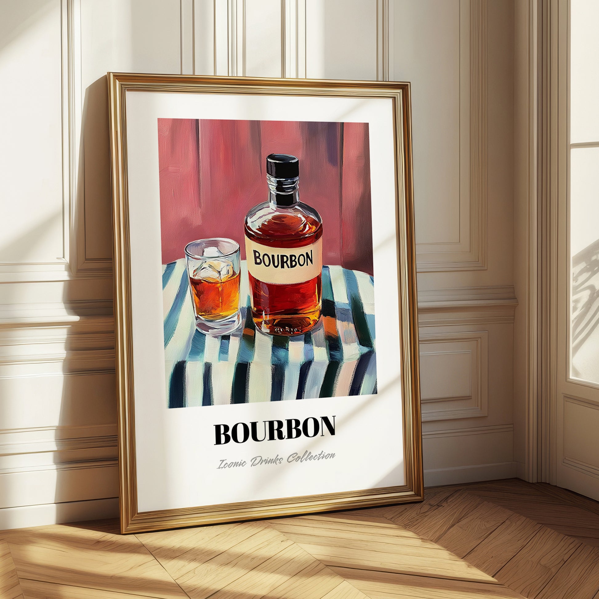 Bourbon – on Striped Tablecloth, American Whiskey Print