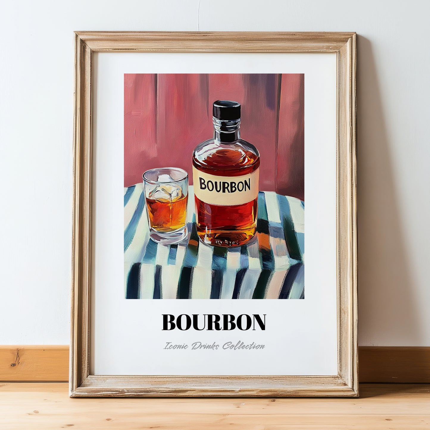 Bourbon – on Striped Tablecloth, American Whiskey Print, in wooden frame leaning on the floor