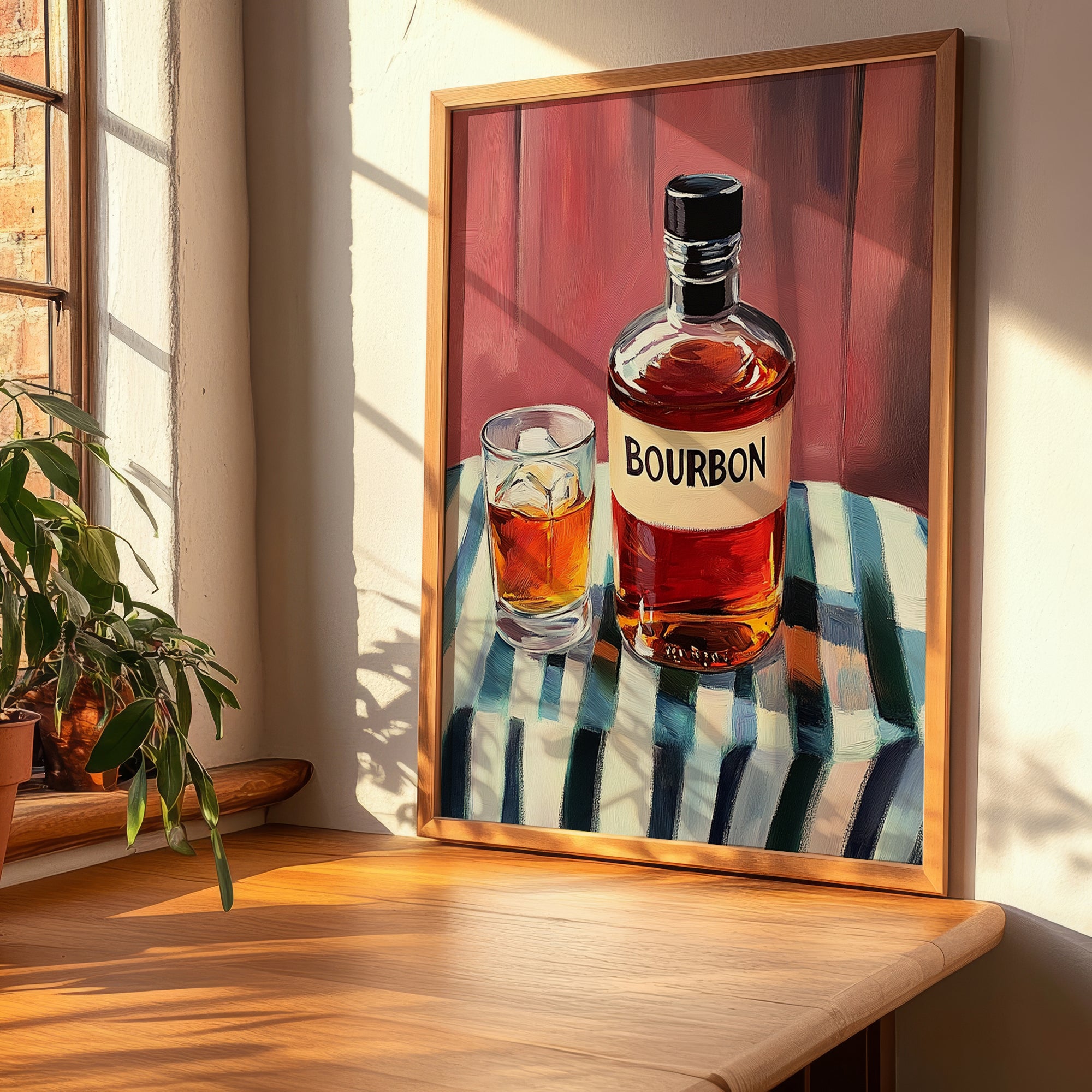 Bourbon – on Striped Tablecloth, American Whiskey Print, clean layout with no caption