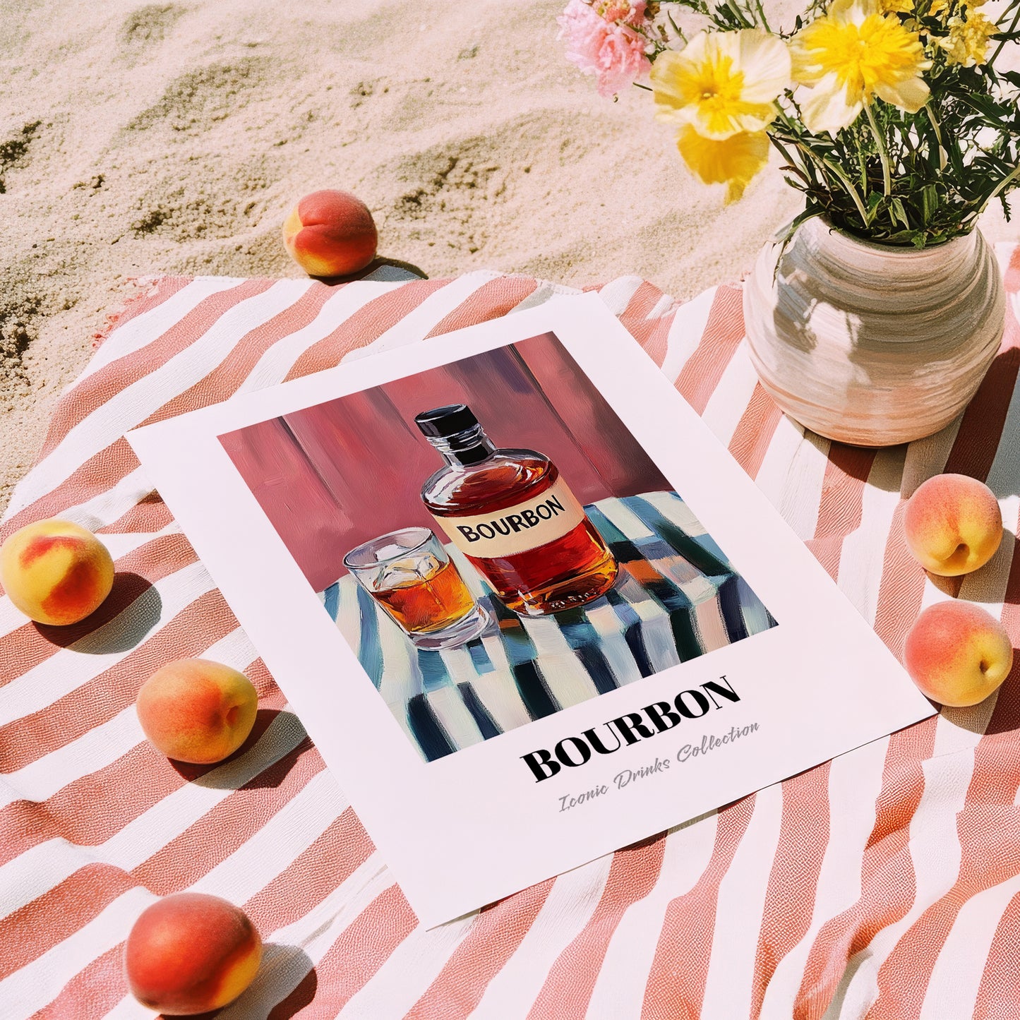 Bourbon – on Striped Tablecloth, American Whiskey Print, unframed on coastal sand
