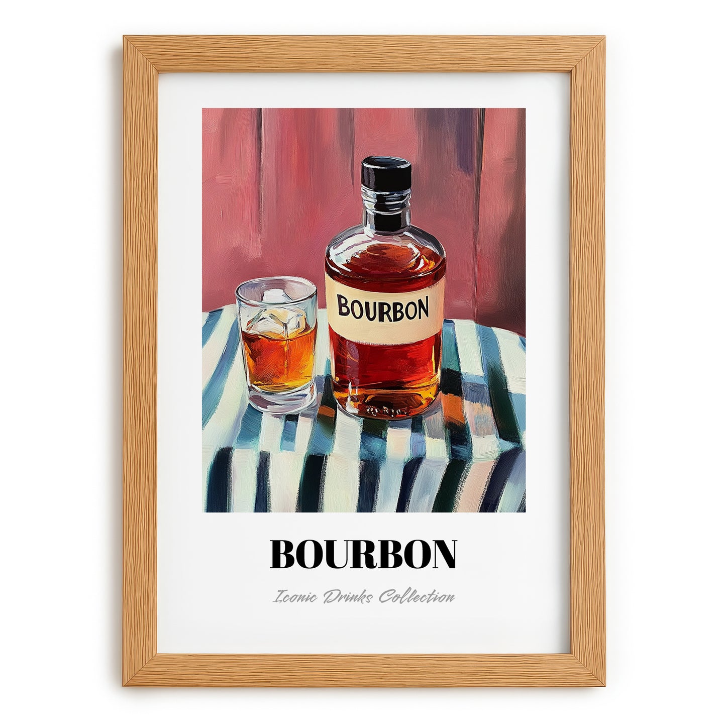 Bourbon – on Striped Tablecloth, American Whiskey Print, set in oak frame