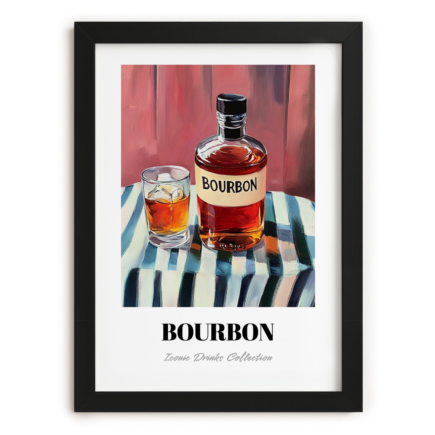Bourbon – on Striped Tablecloth, American Whiskey Print, in sleek black frame