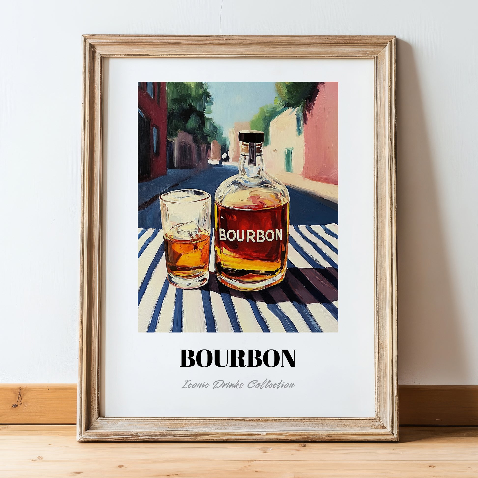 Bourbon – American Outdoor Café Scene, American Whiskey Wall Decor, in wooden frame leaning on the floor