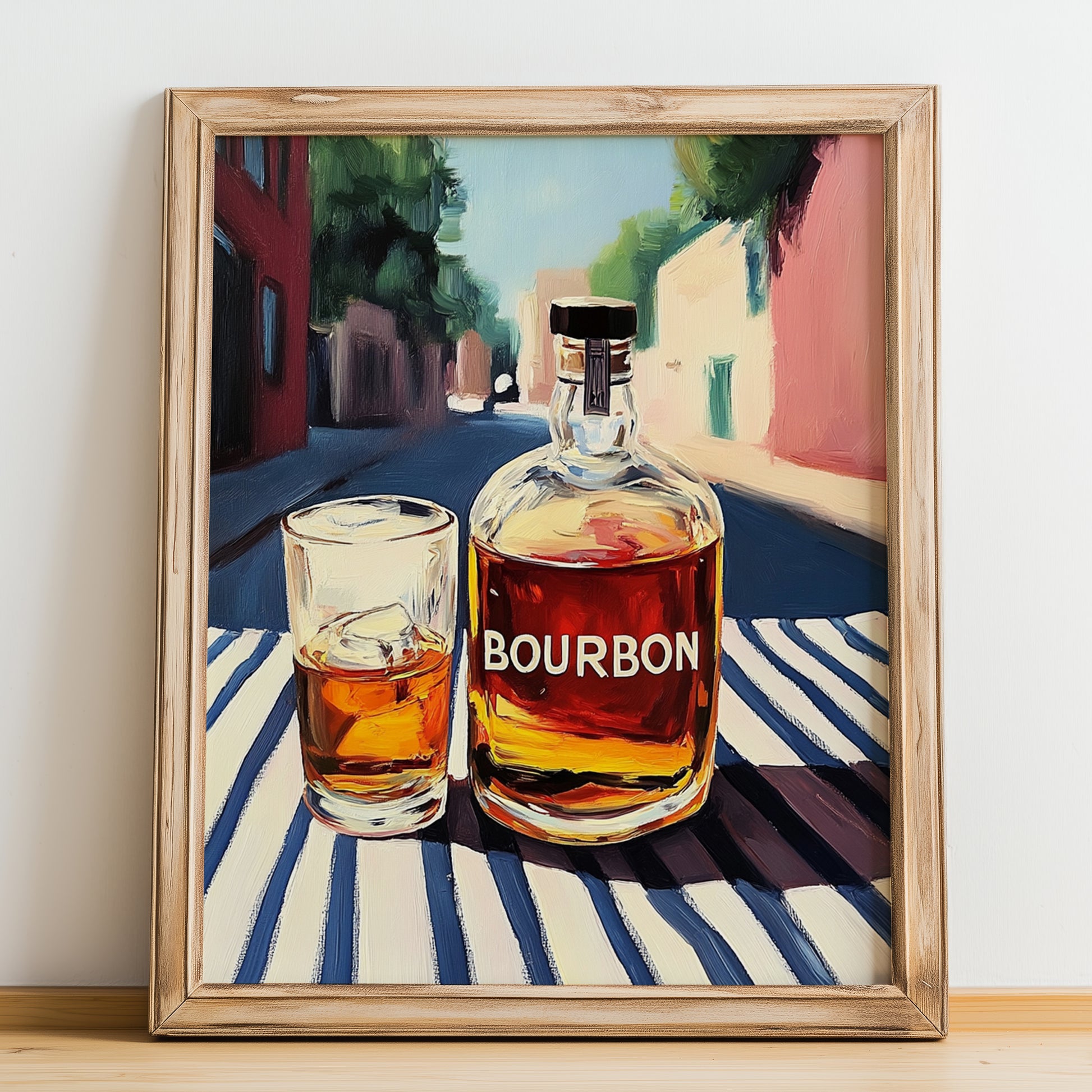 Bourbon – American Outdoor Café Scene, American Whiskey Wall Decor, no-text version framed in wood