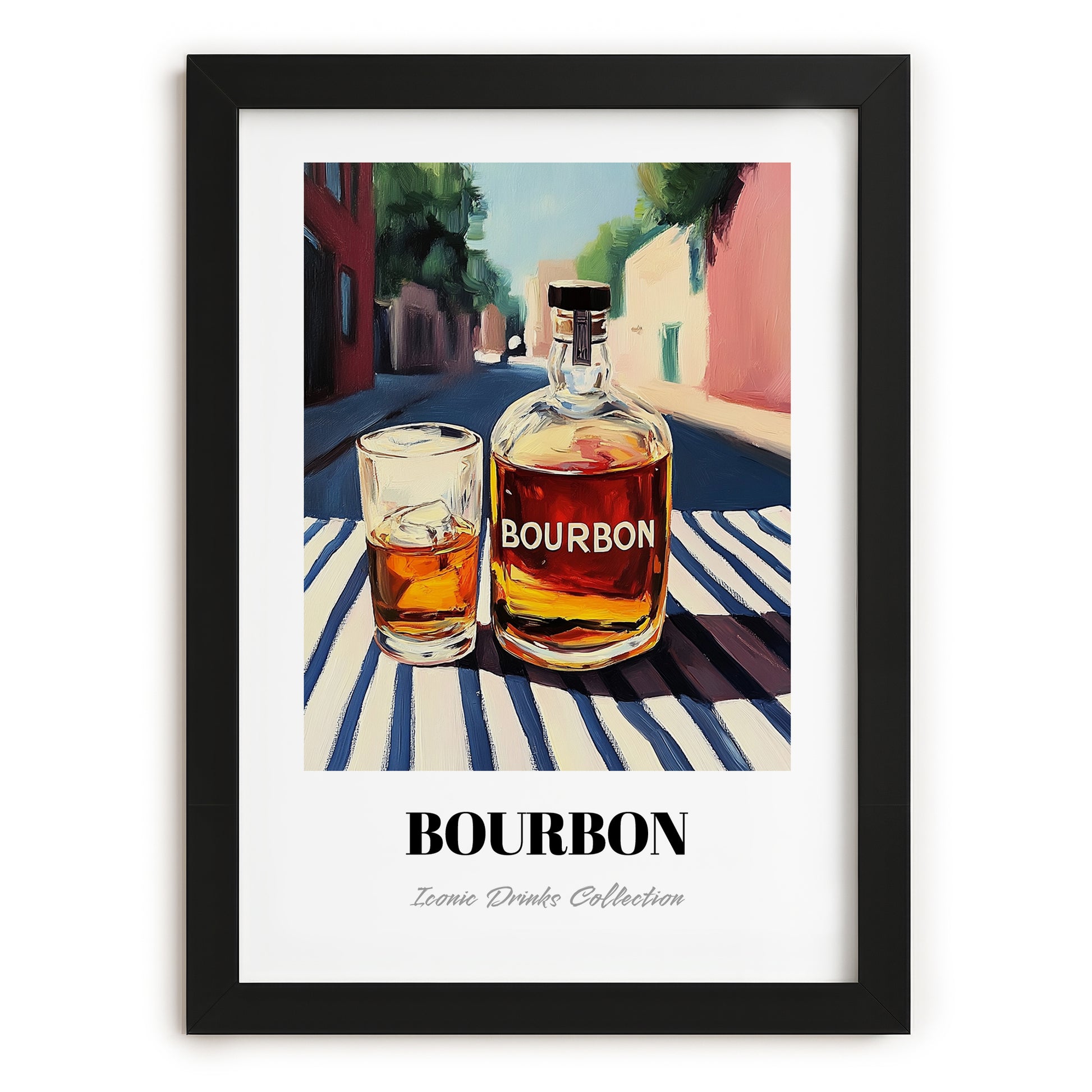 Bourbon – American Outdoor Café Scene, American Whiskey Wall Decor, in sleek black frame