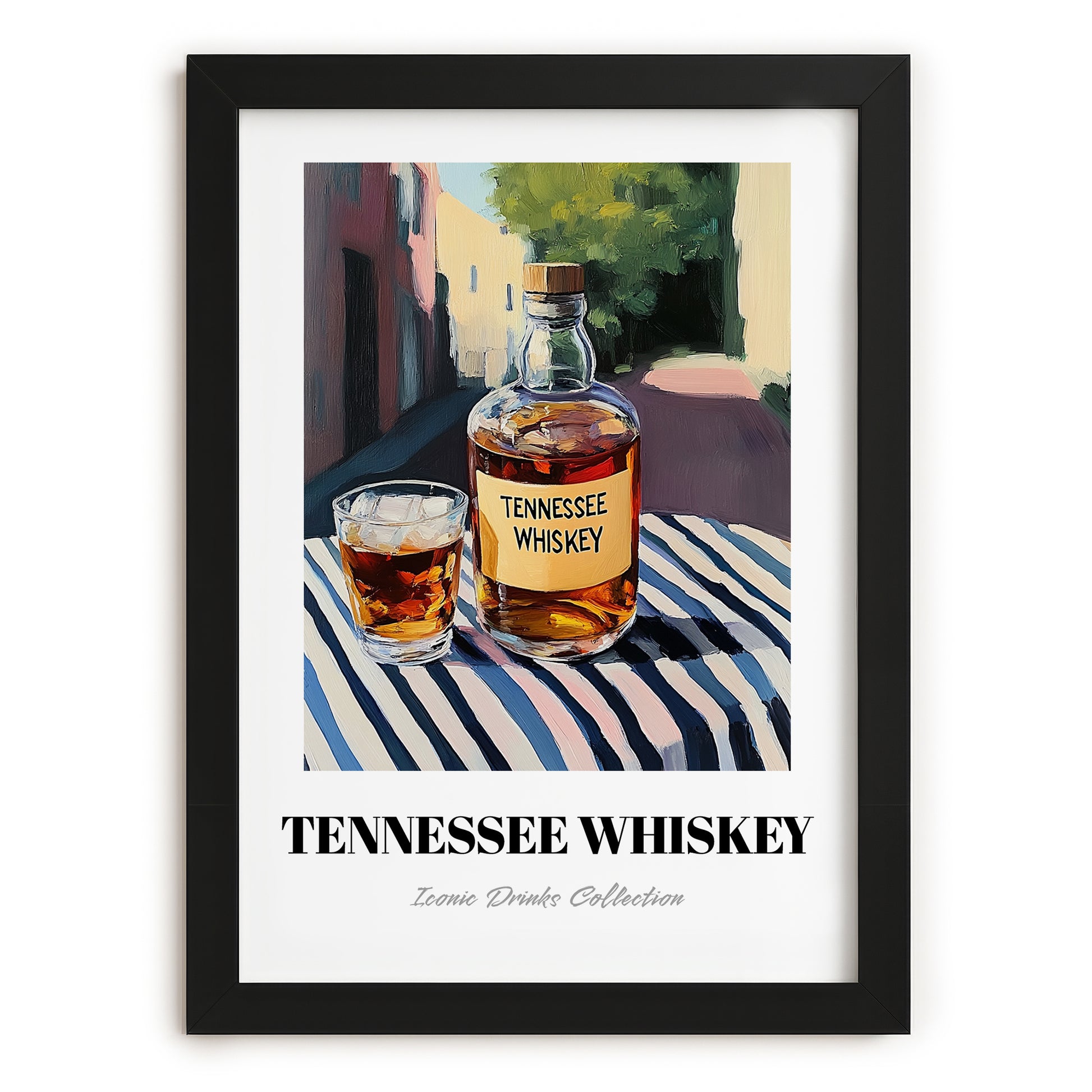 Tennessee Whiskey – American Urban Café Scene, American Whiskey Poster, in sleek black frame