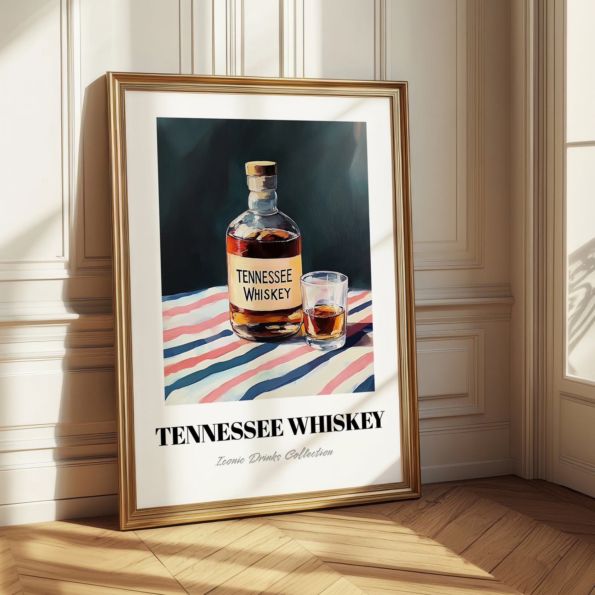 Tennessee Whiskey – on Striped Tablecloth, American Whiskey Painting