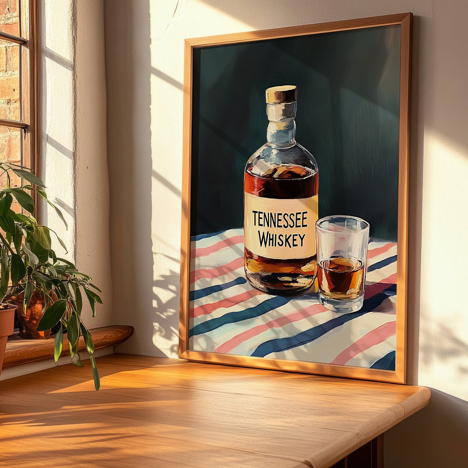Tennessee Whiskey – on Striped Tablecloth, American Whiskey Painting, clean layout with no caption