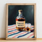 Tennessee Whiskey – on Striped Tablecloth, American Whiskey Painting, no-text version framed in wood