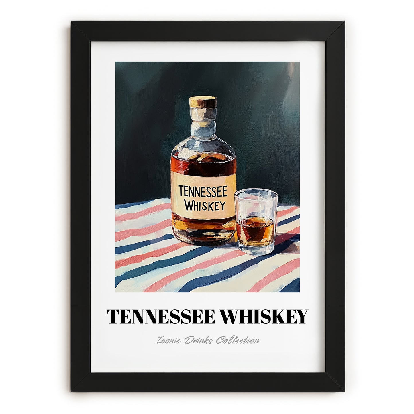 Tennessee Whiskey – on Striped Tablecloth, American Whiskey Painting, in sleek black frame
