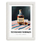Tennessee Whiskey – on Striped Tablecloth, American Whiskey Painting, placed in minimal white frame