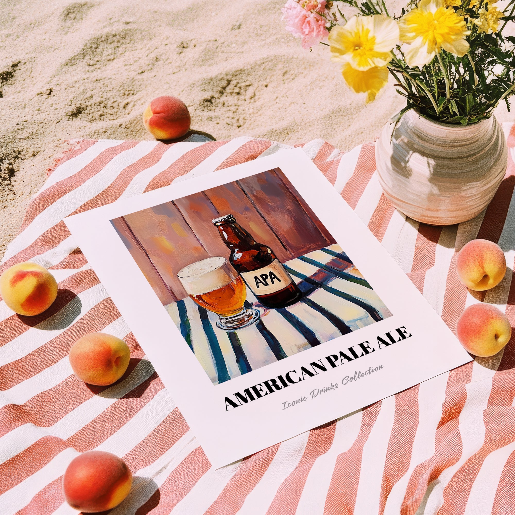 American Pale Ale (APA) – on Striped Tablecloth, American Beer Illustration, unframed on coastal sand