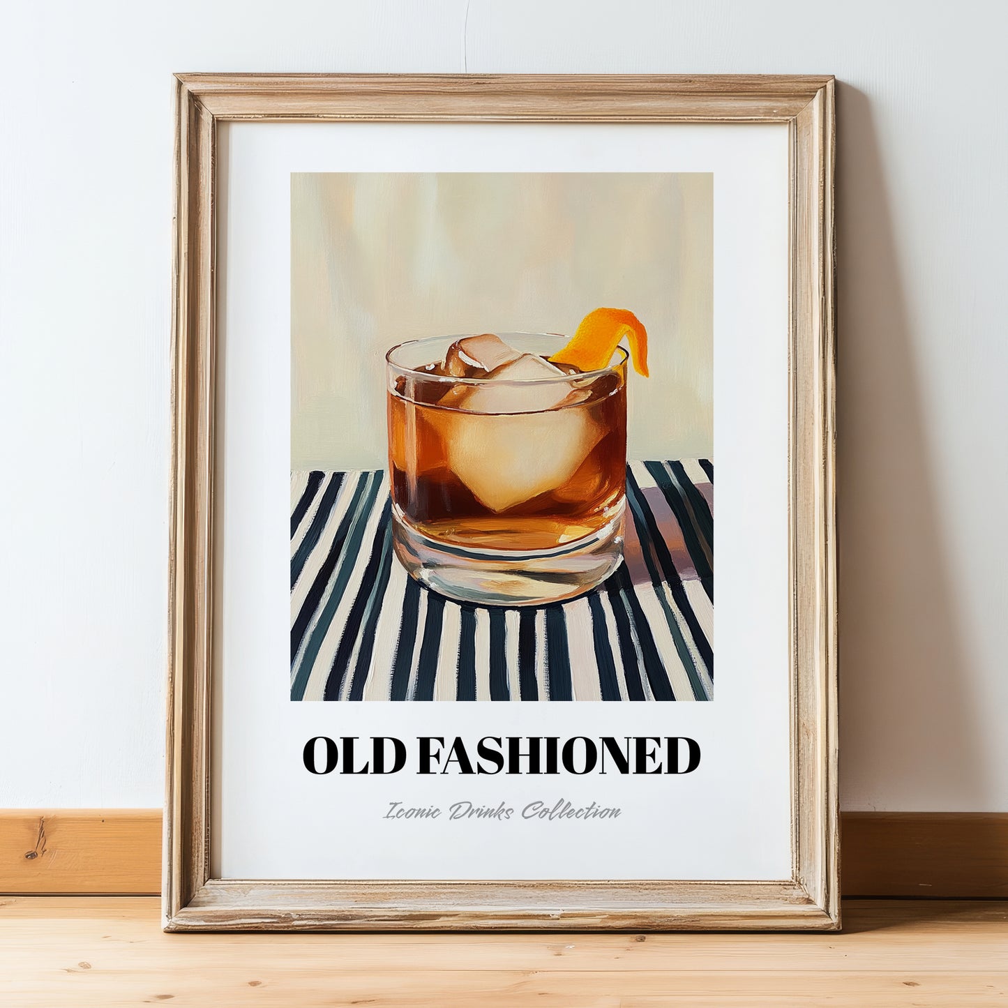 Old Fashioned – on Striped Tablecloth, American Cocktail Wall Art, in wooden frame leaning on the floor