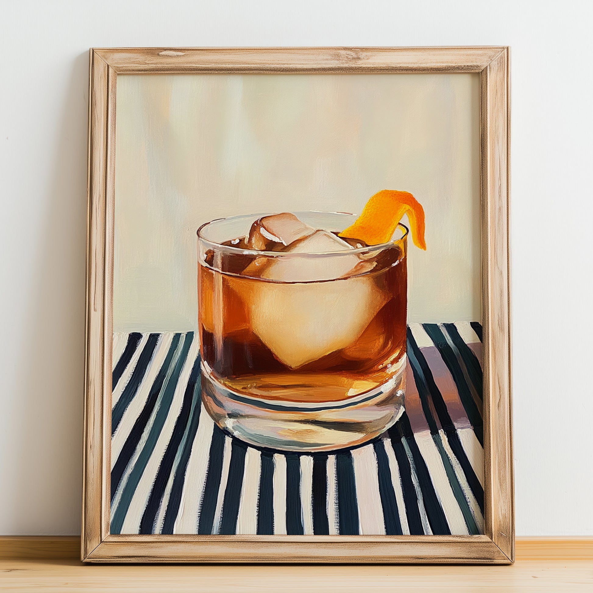 Old Fashioned – on Striped Tablecloth, American Cocktail Wall Art, no-text version framed in wood