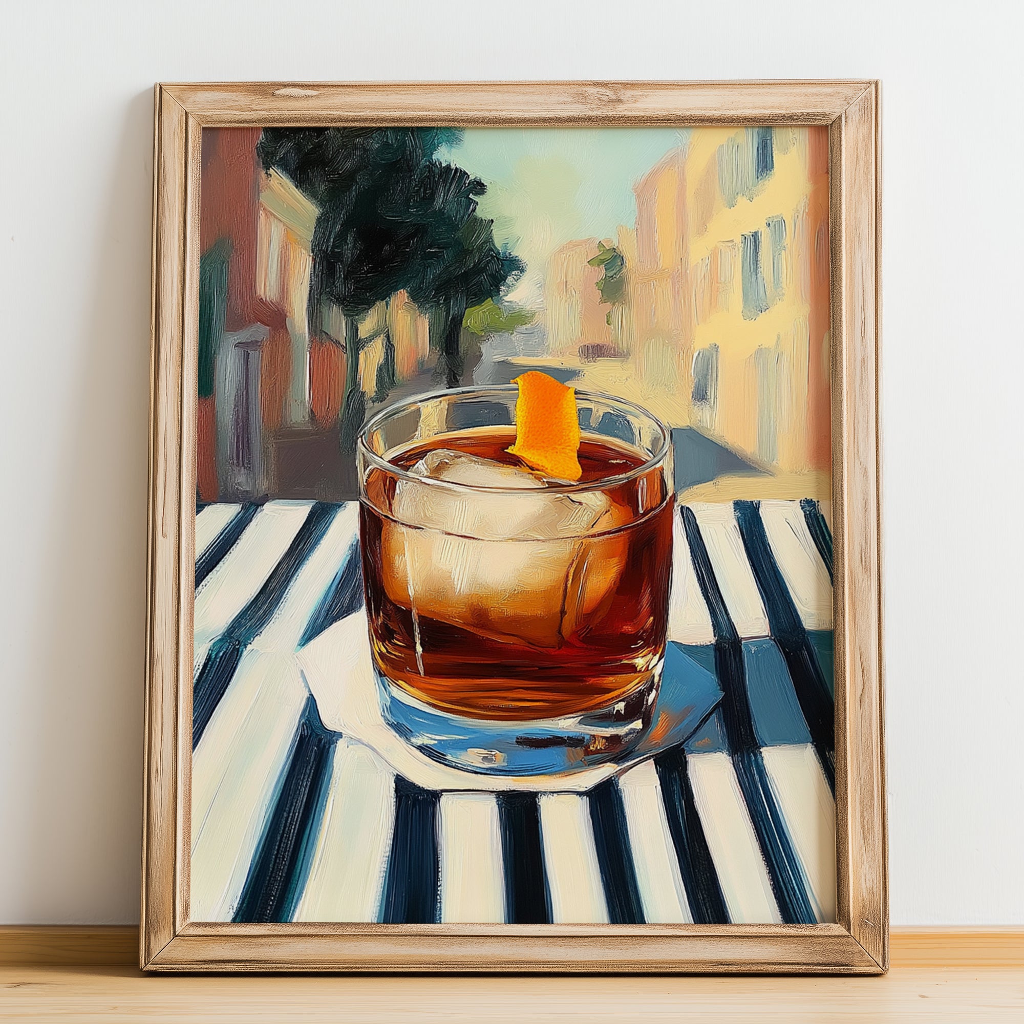 Old Fashioned – American Café on the Corner, American Cocktail Painting, no-text version framed in wood