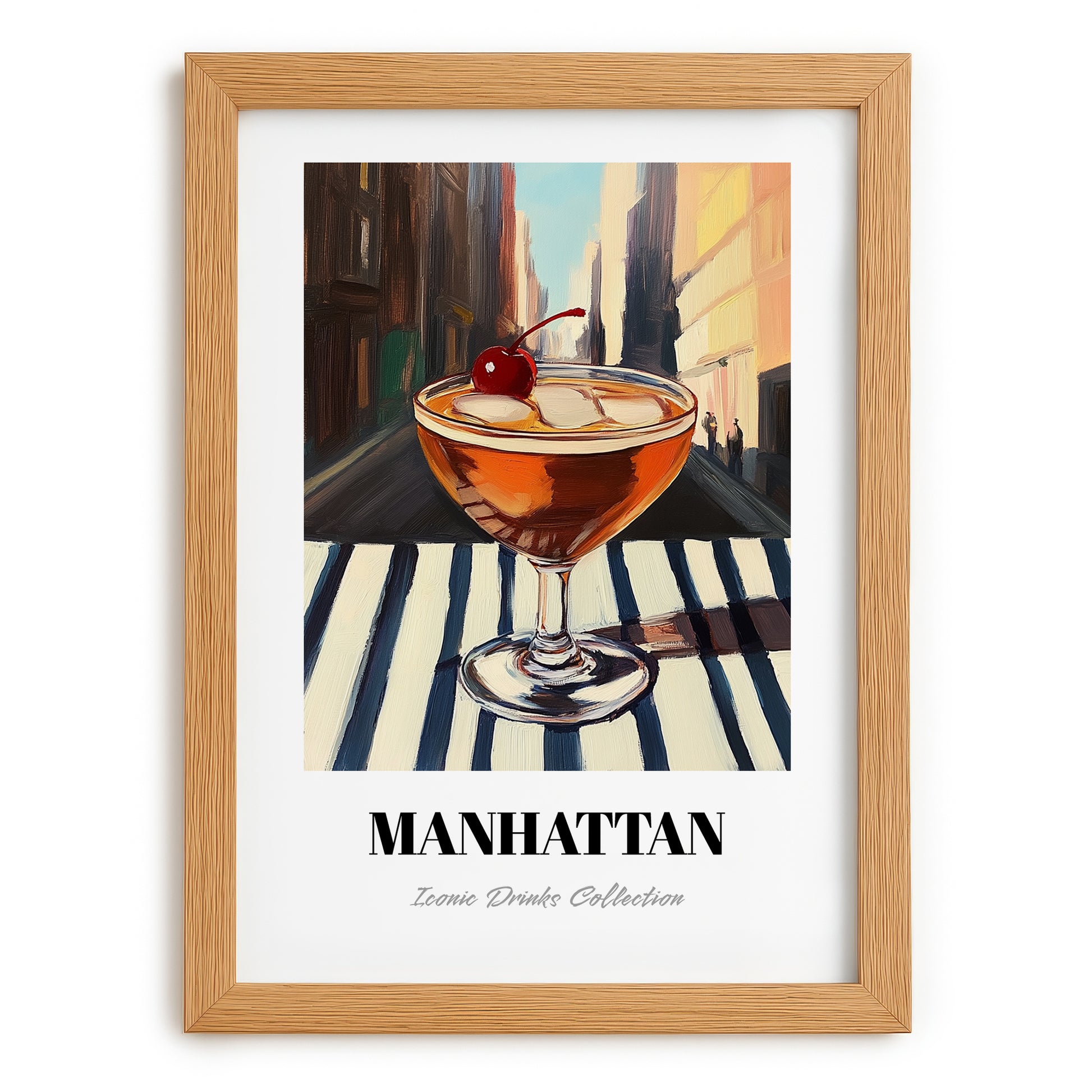 Manhattan – American Street Café Scene, American Cocktail Wall Illustration, set in oak frame
