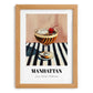 Manhattan – on Striped Tablecloth, American Cocktail Wall Art, set in oak frame