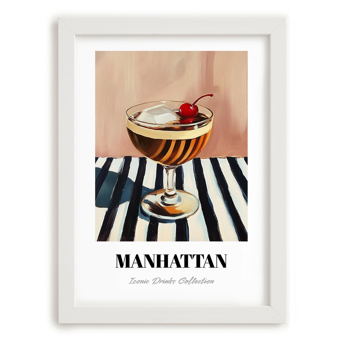 Manhattan – on Striped Tablecloth, American Cocktail Wall Art, placed in minimal white frame