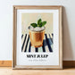 Mint Julep – on Striped Tablecloth, American Cocktail Wall Print, in wooden frame leaning on the floor
