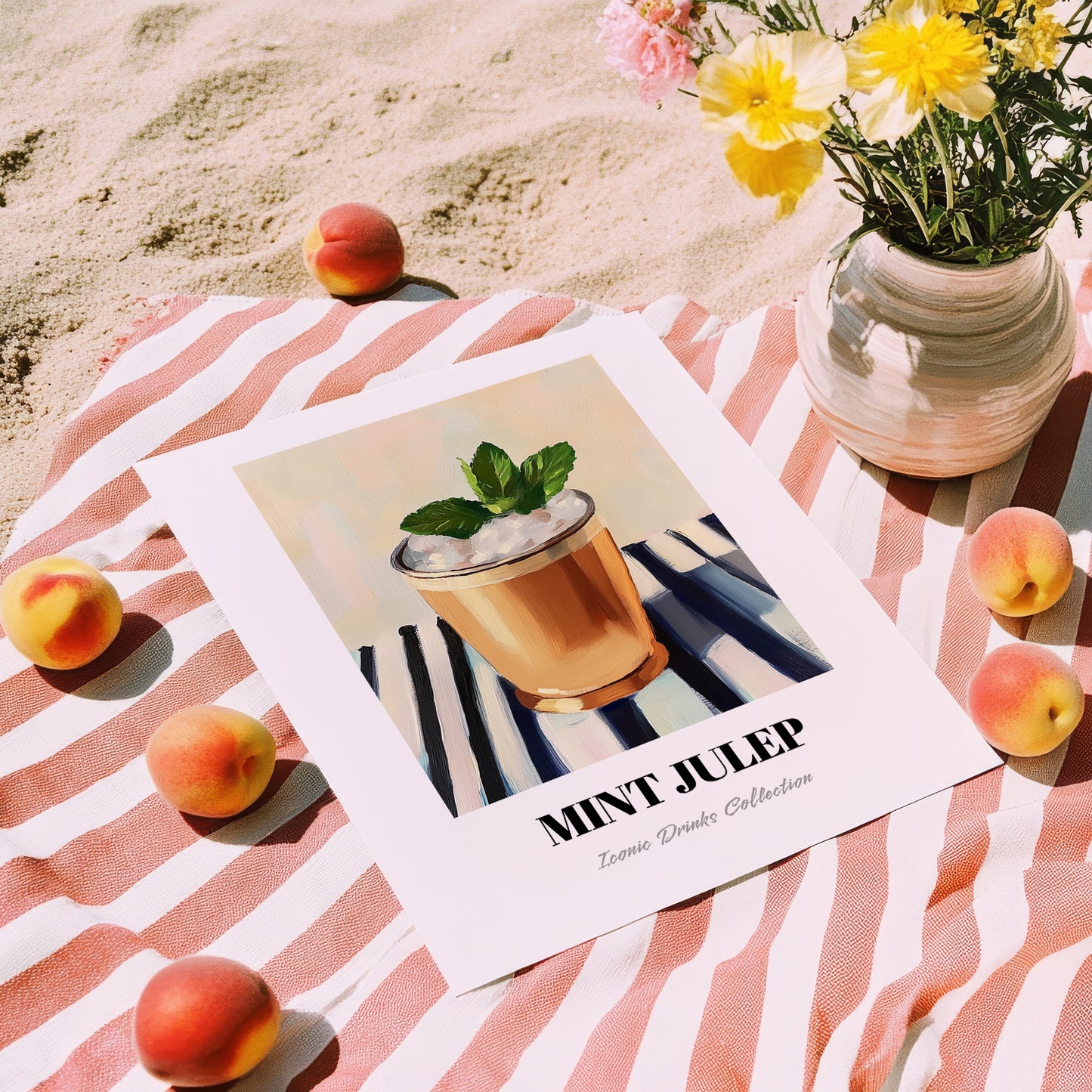 Mint Julep – on Striped Tablecloth, American Cocktail Wall Print, unframed on coastal sand