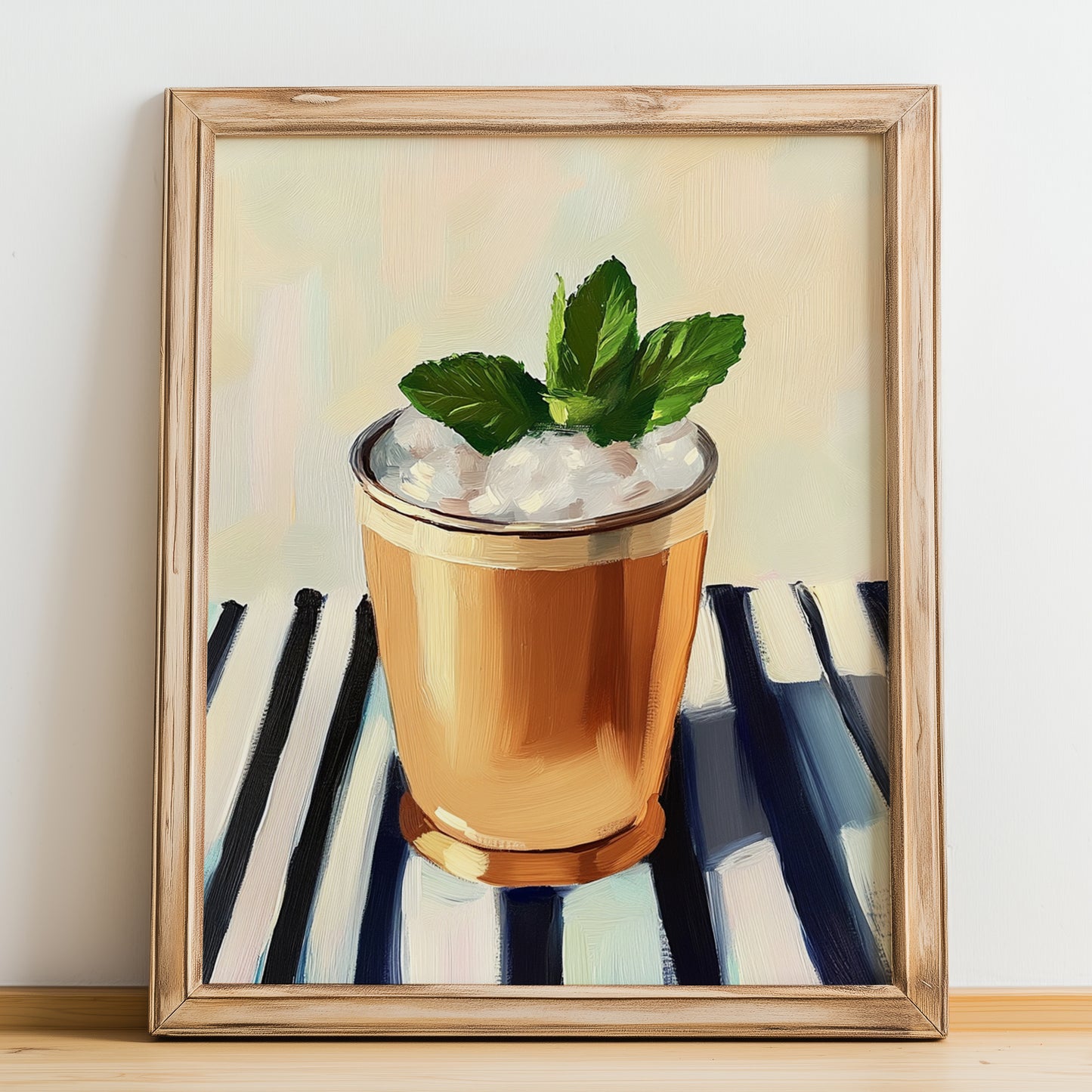 Mint Julep – on Striped Tablecloth, American Cocktail Wall Print, no-text version framed in wood