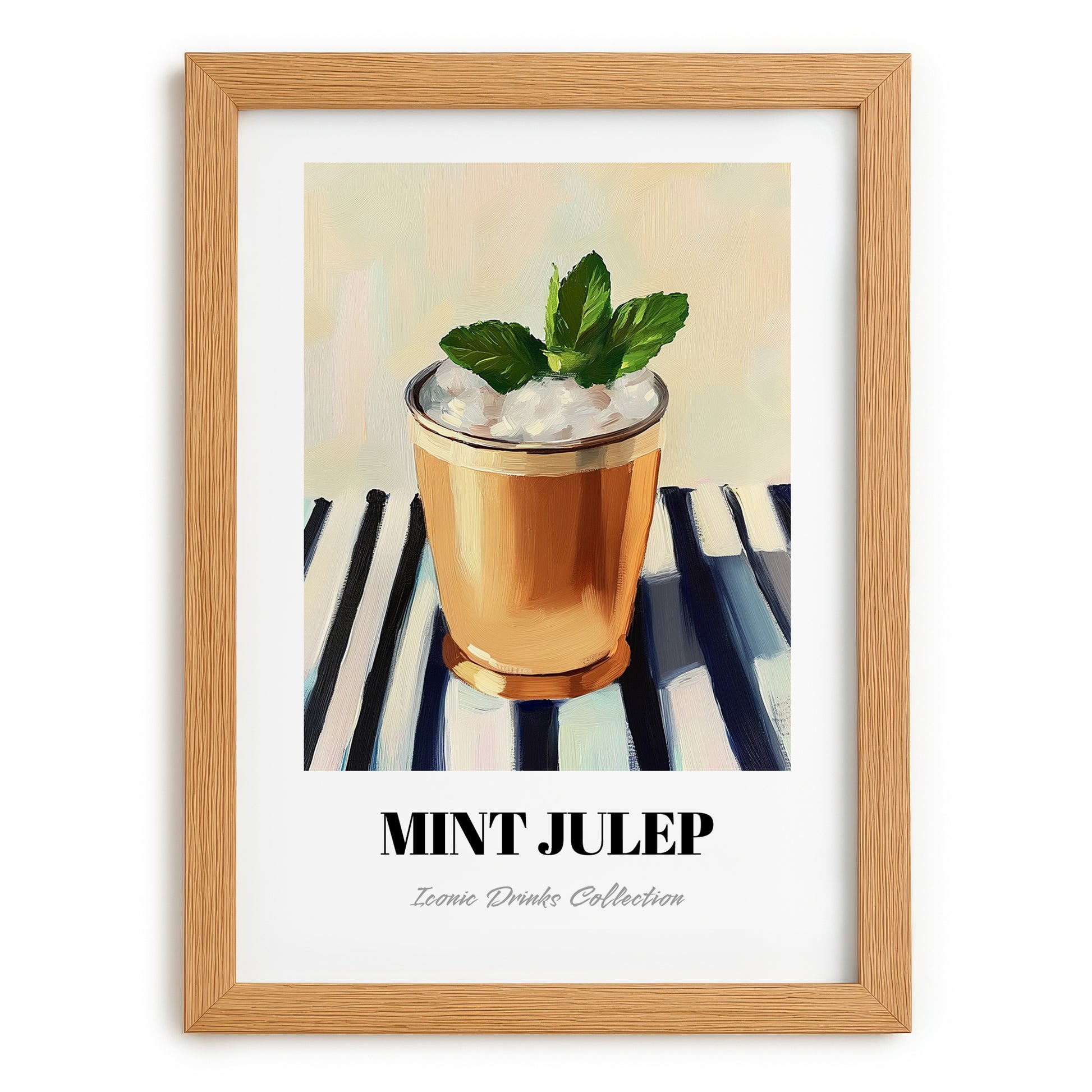 Mint Julep – on Striped Tablecloth, American Cocktail Wall Print, set in oak frame