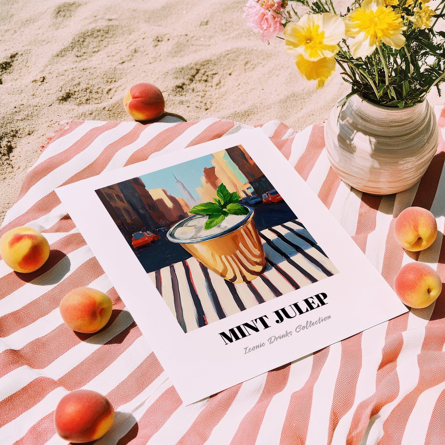 Mint Julep – American Urban Café Scene, American Cocktail Wall Print, unframed on coastal sand