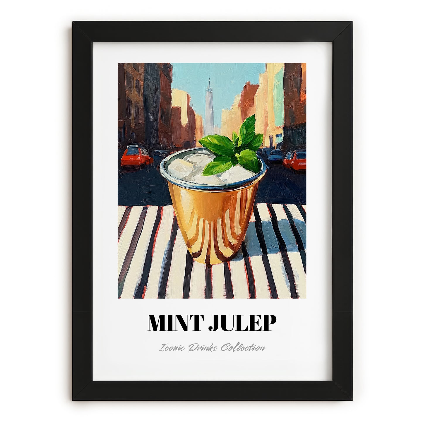 Mint Julep – American Urban Café Scene, American Cocktail Wall Print, in sleek black frame