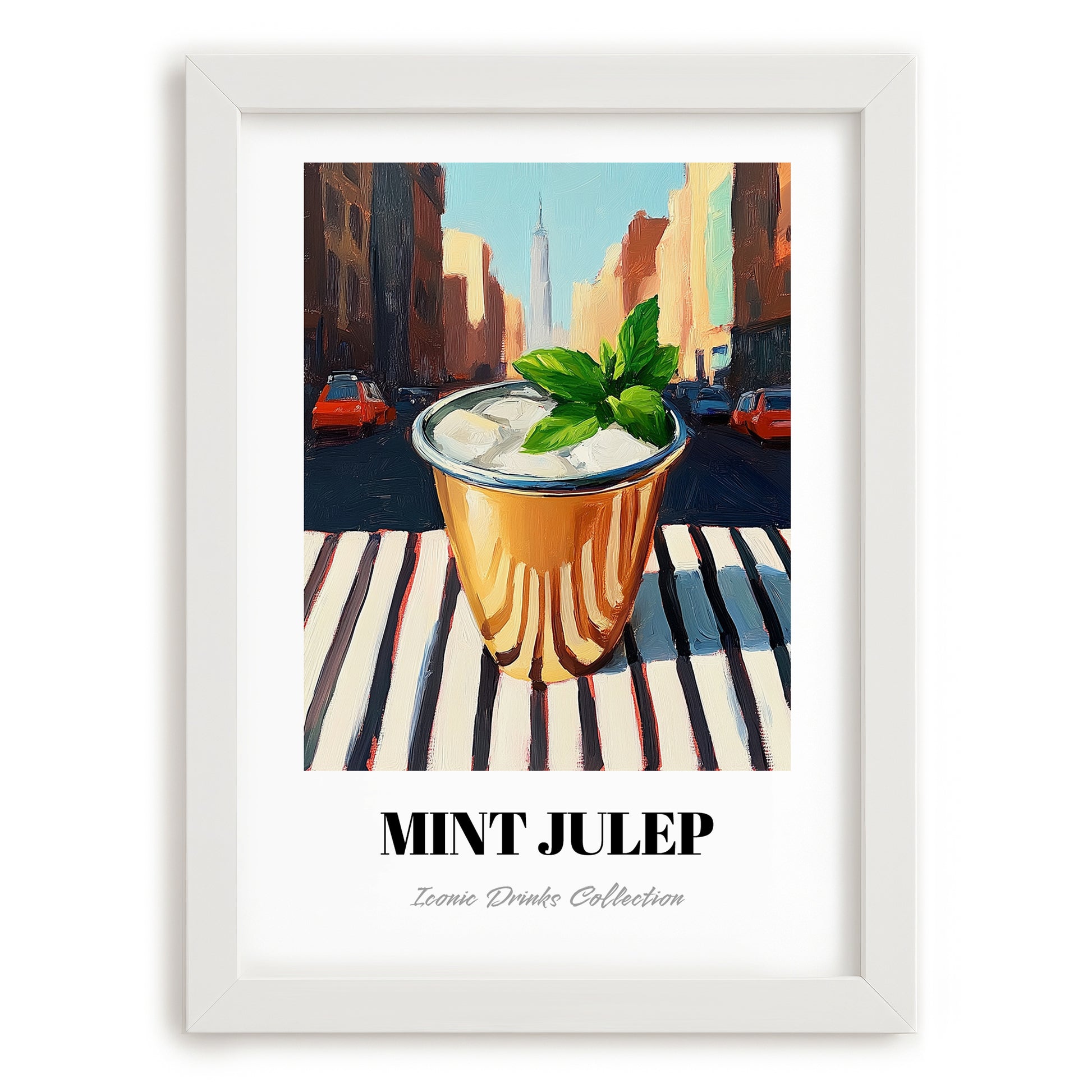 Mint Julep – American Urban Café Scene, American Cocktail Wall Print, placed in minimal white frame