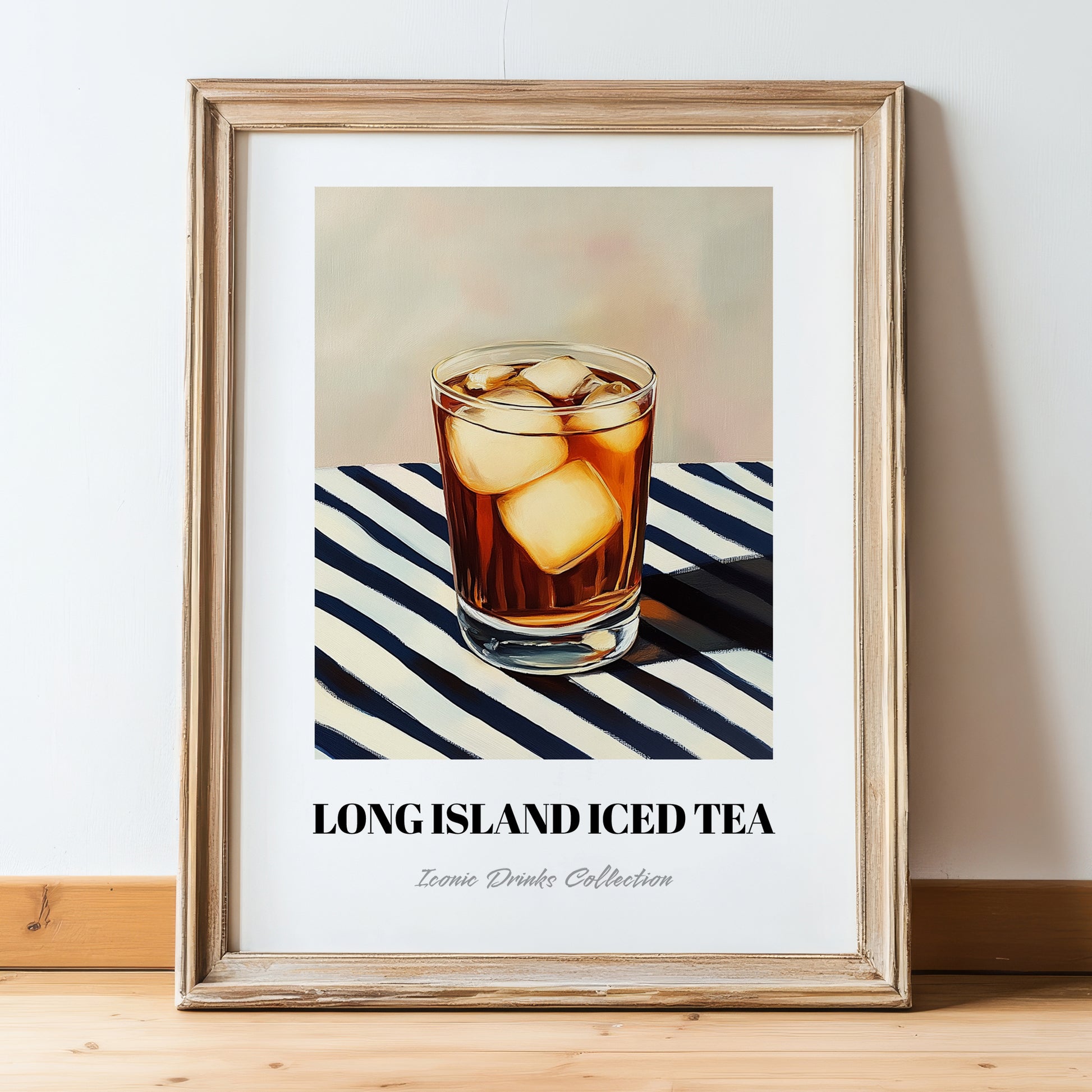 Long Island Iced – on Striped Tablecloth, American Cocktail Print, in wooden frame leaning on the floor