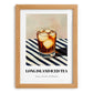 Long Island Iced – on Striped Tablecloth, American Cocktail Print, set in oak frame