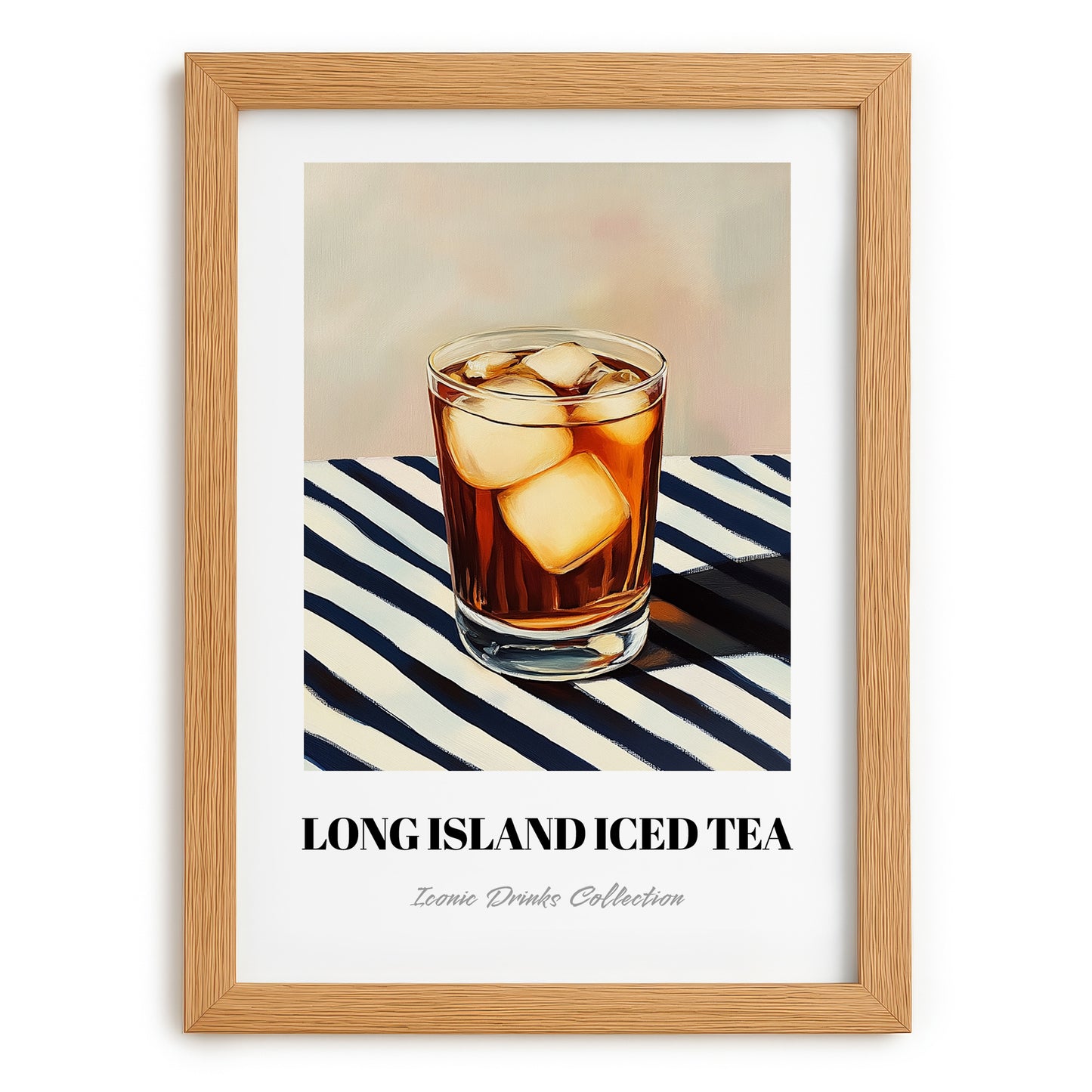 Long Island Iced – on Striped Tablecloth, American Cocktail Print, set in oak frame