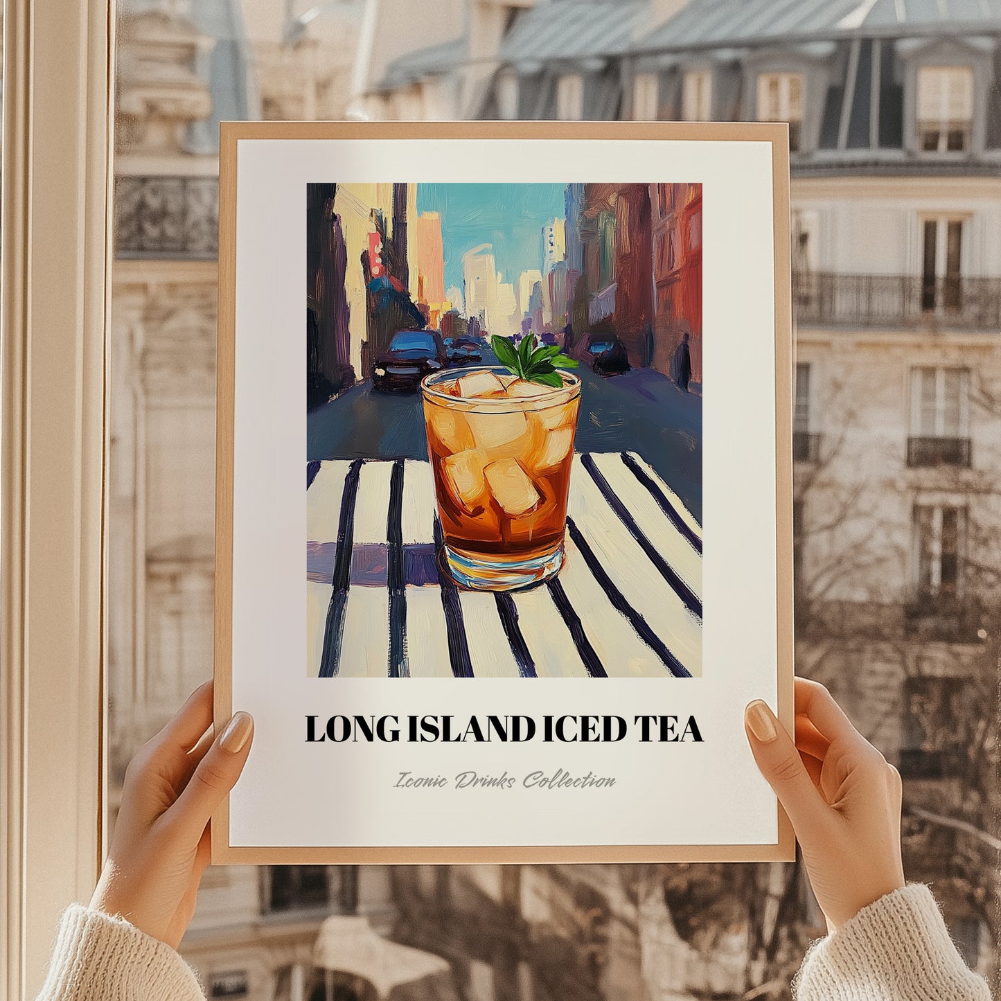 Long Island Iced – American Urban Café Scene, American Cocktail Painting, styled in a charming Paris street view